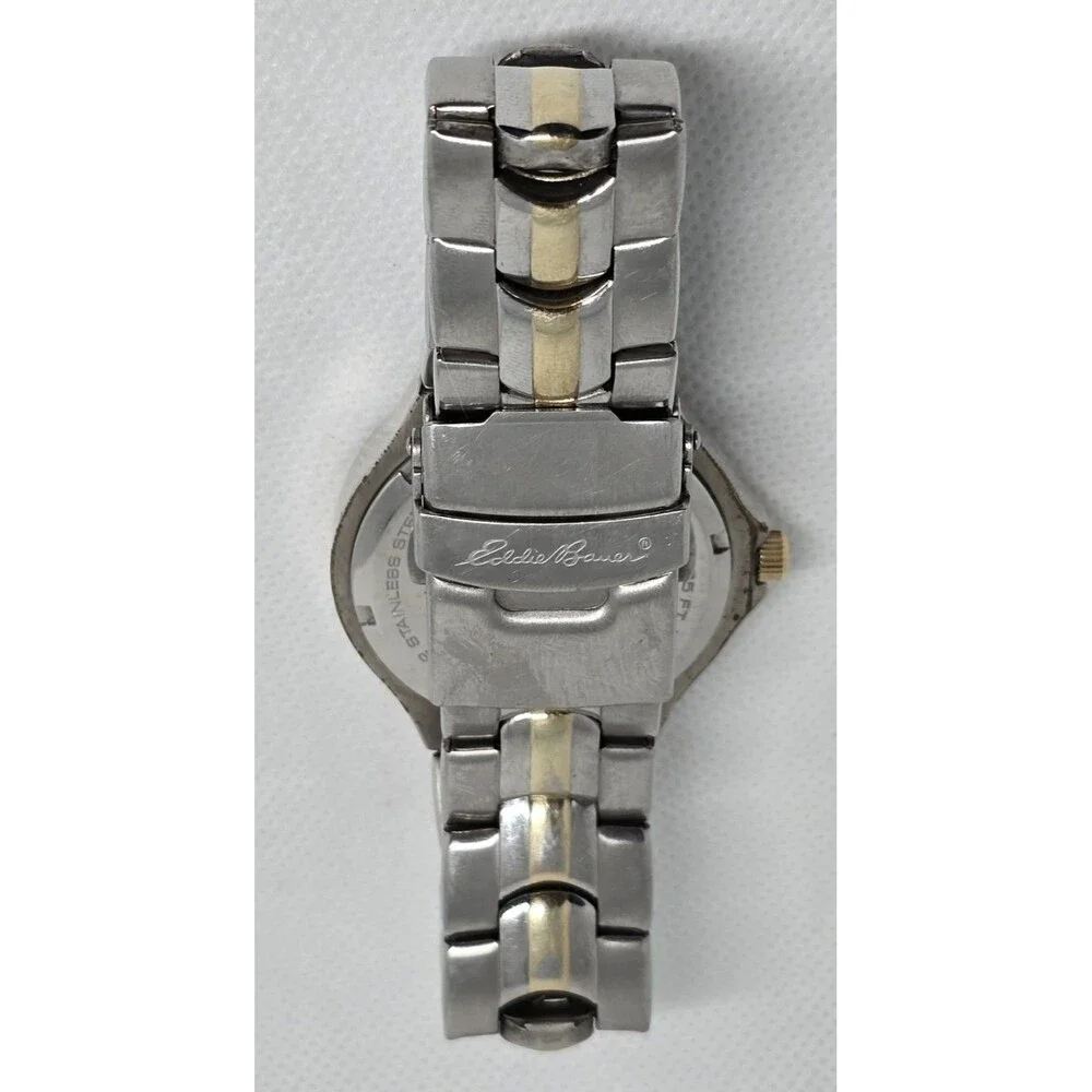 Men's Eddie Bauer Textured 3 Eye Silver Gold Two Tone Case Bracelet Watch 11
